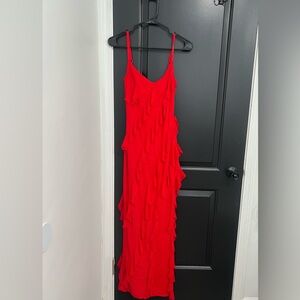 Red ruffle midi dress